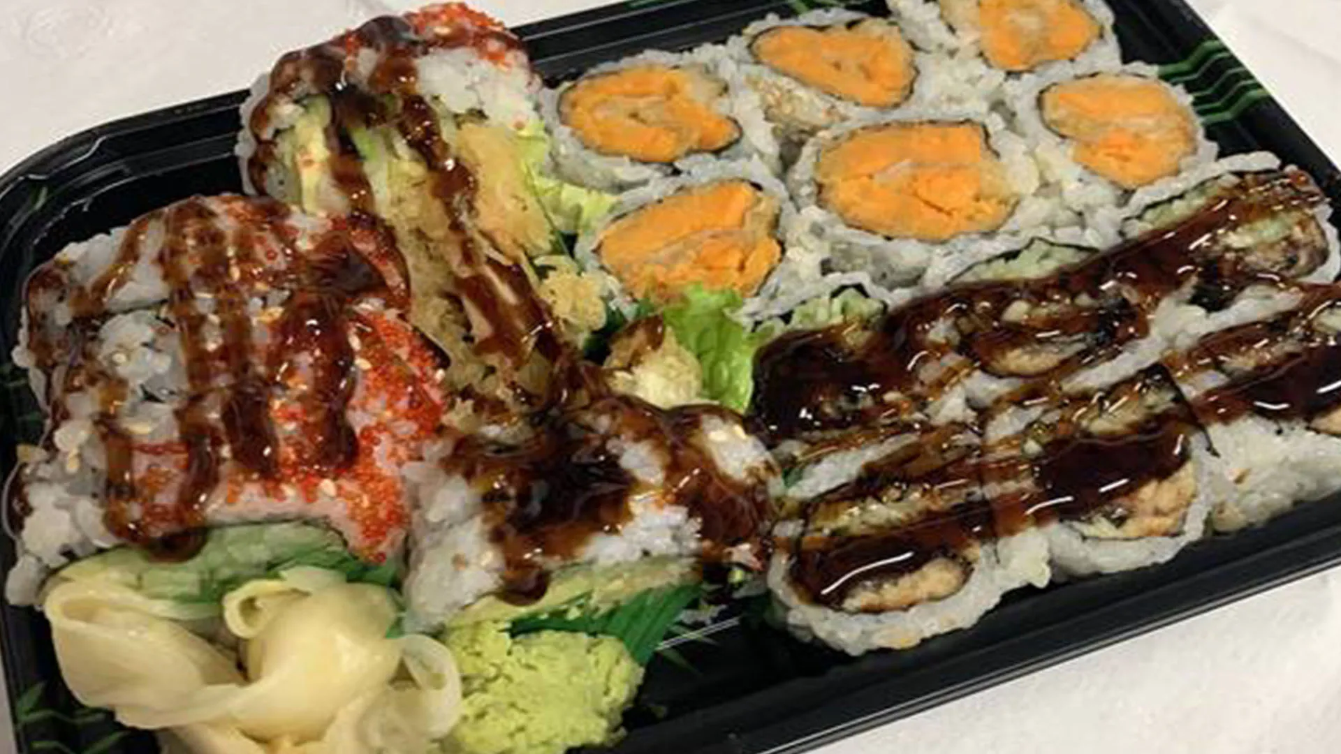 Assorted sushi rolls with eel and spicy fillings at Musashi & Mizu Sushi, an Asian Fusion Restaurant in Brooklyn